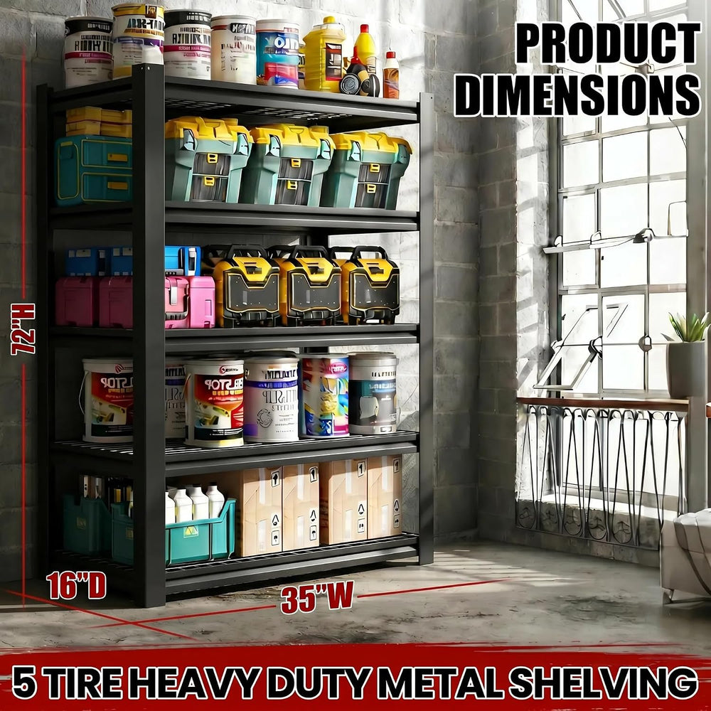 72" H Heavy Duty Garage Shelving, Metal Storage Shelves, 5 Tier Adjustab...
