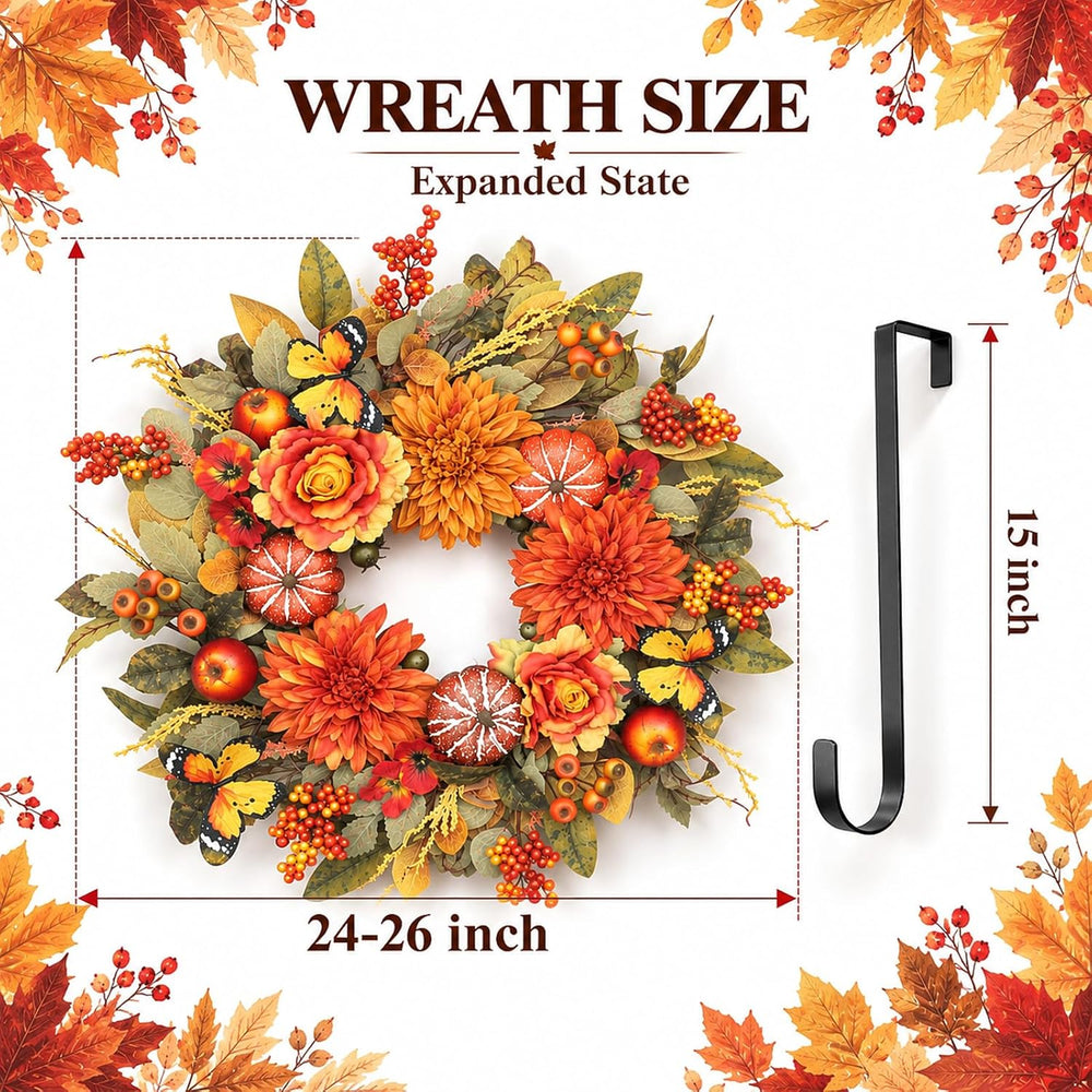 26 Inch Fall Wreaths for Front Door, Large Autumn Harvest Wreath with Pumpkin...