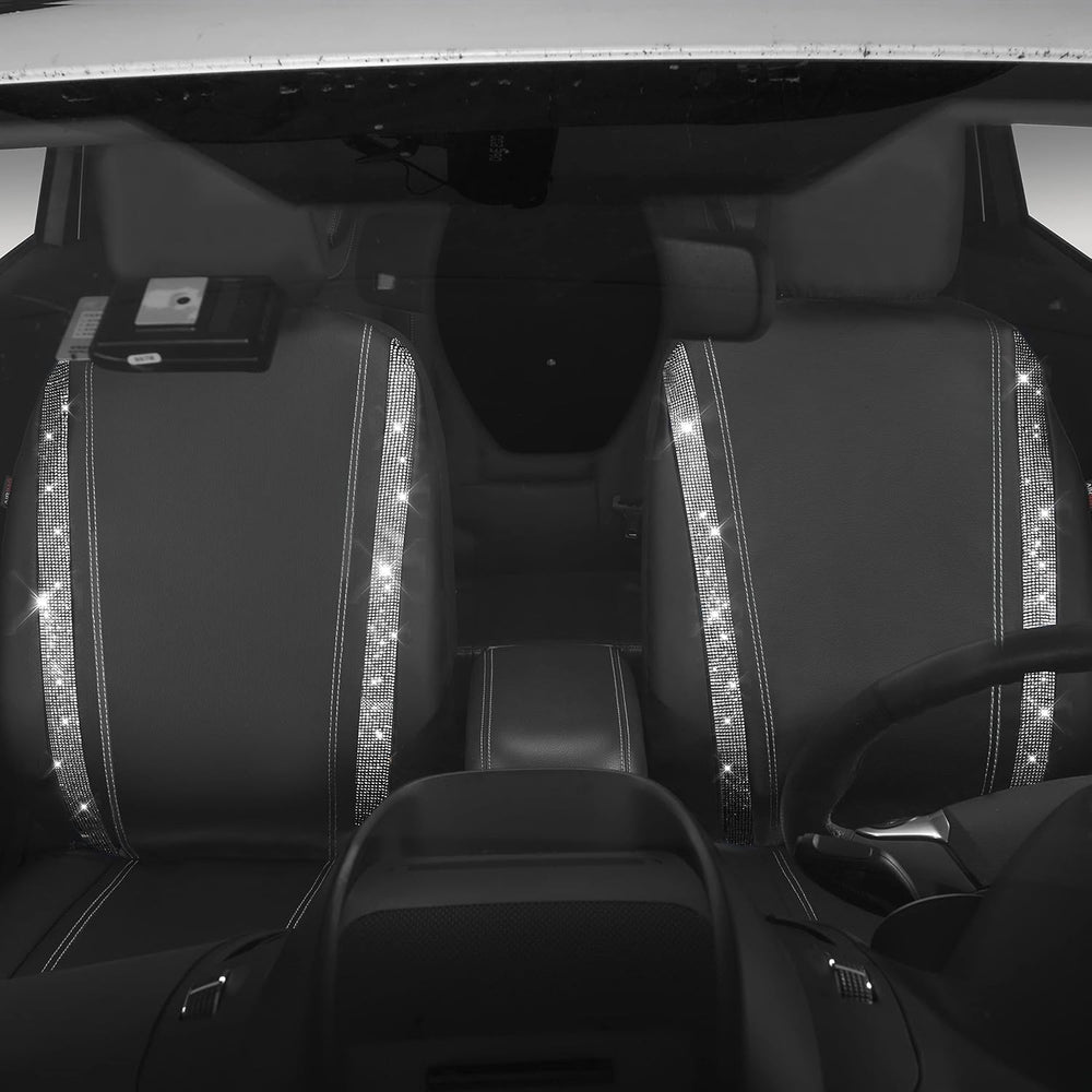 CAR PASS Leather Bling Diamond Car Seat Cover 2 Front Interior Sets, Waterpro...