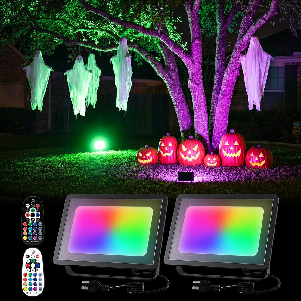FALOVE 2 Pack Outdoor RGBW Flood Lights by Dual Remote for Halloween Decor