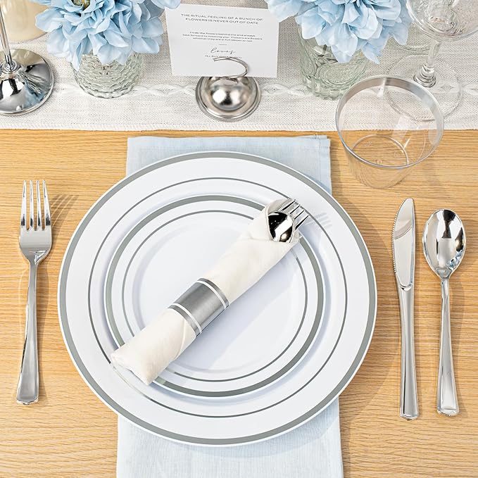 BESTVIP 700PCS Silver Plastic Dinnerware Set for 100 Guests, Disposable Plate...
