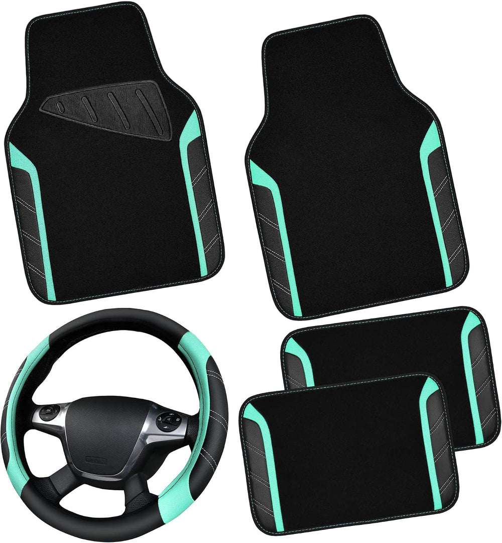 CAR PASS Leather Steering Wheel Cover and Waterproof Car Floor Mats,Microfibe...