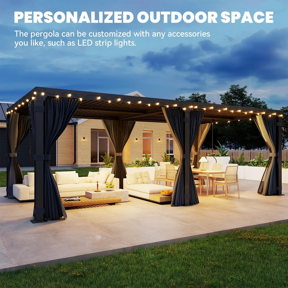 10x20 Louvered Pergola Adjustable Roof w/Curtains & Mesh