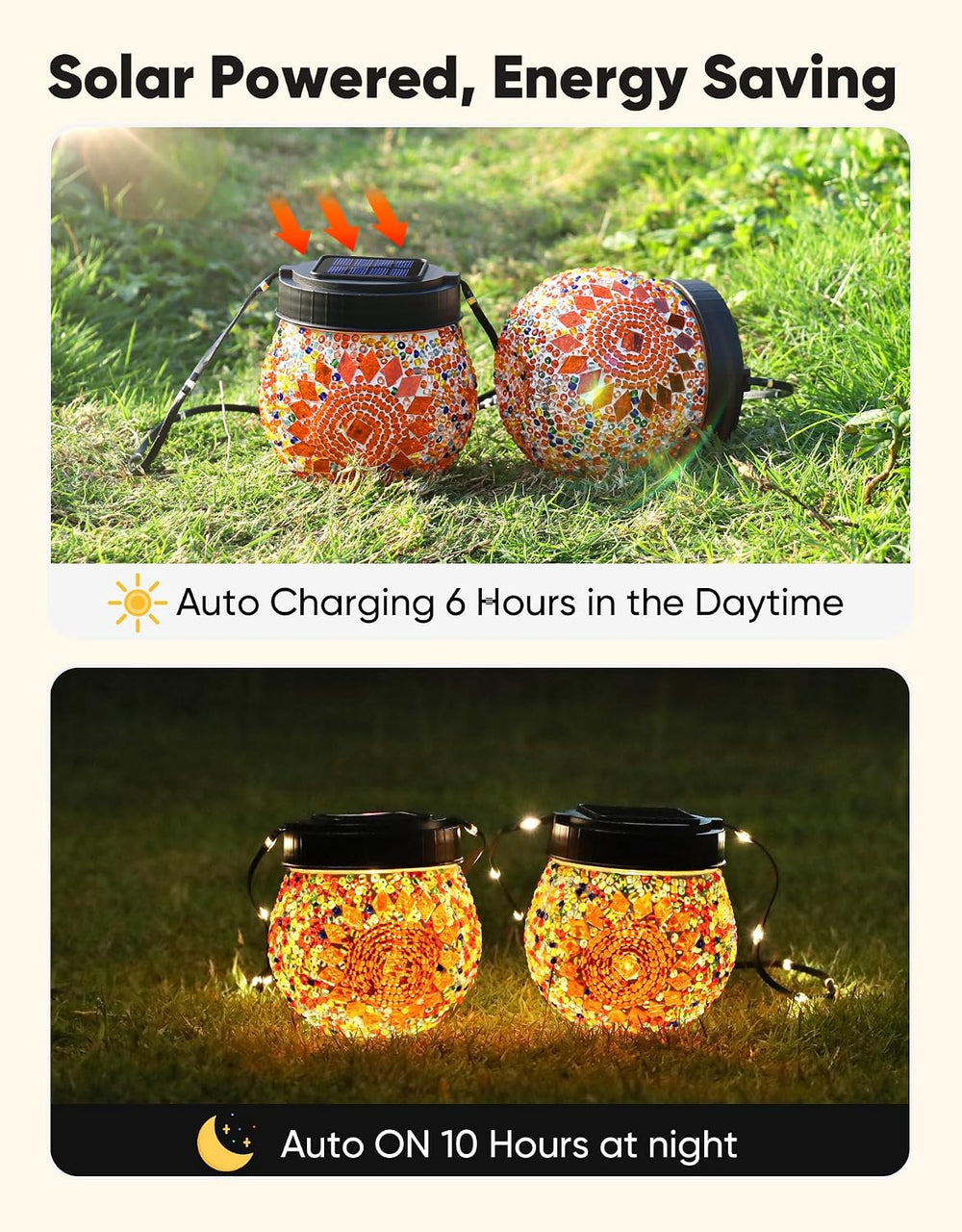 Mosaic Solar Lights Outdoor 6 Pack, Solar Hanging Lanterns Christmas Hallowee...