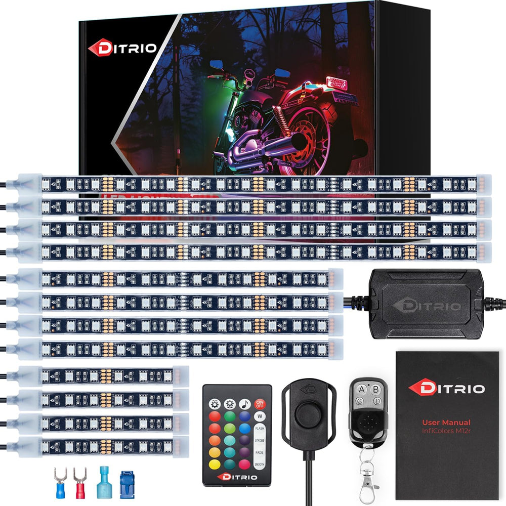 DITRIO 12pcs Underglow RGB LED Strip Light Kit DC 12V with 2 Red Blinking Bra...