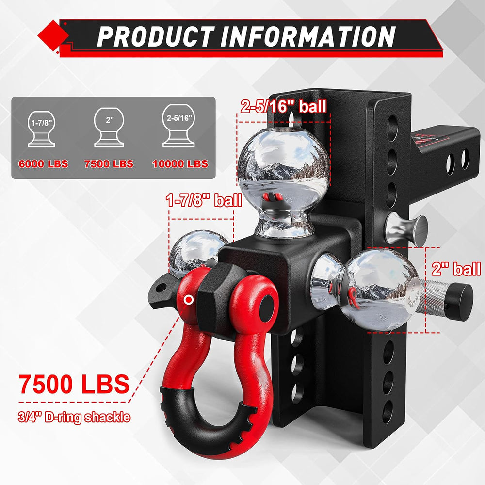 TYT Adjustable 4-in-1 Tri-Ball Hitch Ball Mount for 2-Inch Receiver