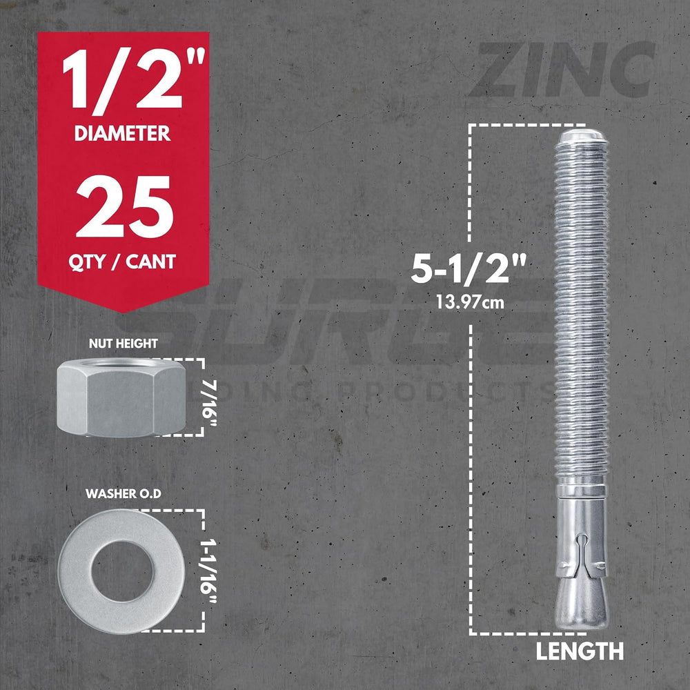 1/2" x 5-1/2" Zinc-Plated Anchor Bolts for Concrete & Cement (B...