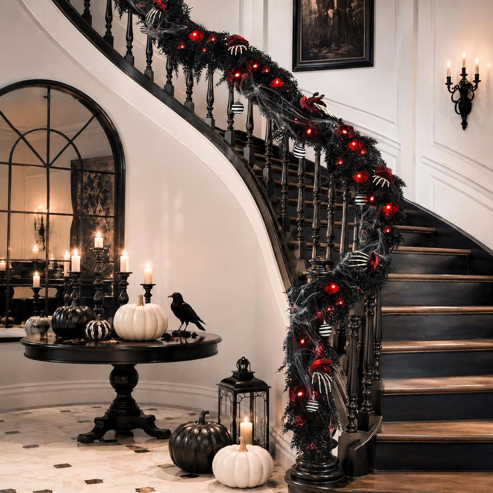 9FT Black Garland with Lights and Ornaments Prelit Halloween Decoration