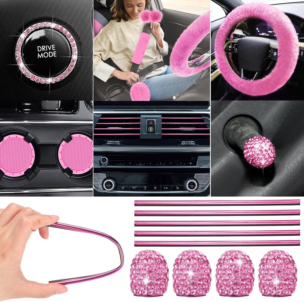 ROCEEI 47 Pcs Car Seat Cover Full Set Car Accessories, Black and Pink