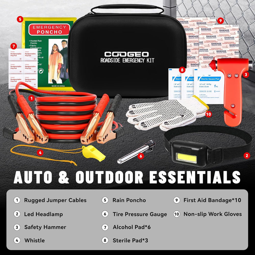 COOGEO 10PC Roadside Emergency Car Kit with Jumper Cables, Car Accessories fo...