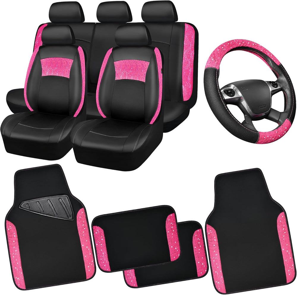 CAR PASS Universal Leather Pink Lace Car Seat Covers Full Set for Women Girls...