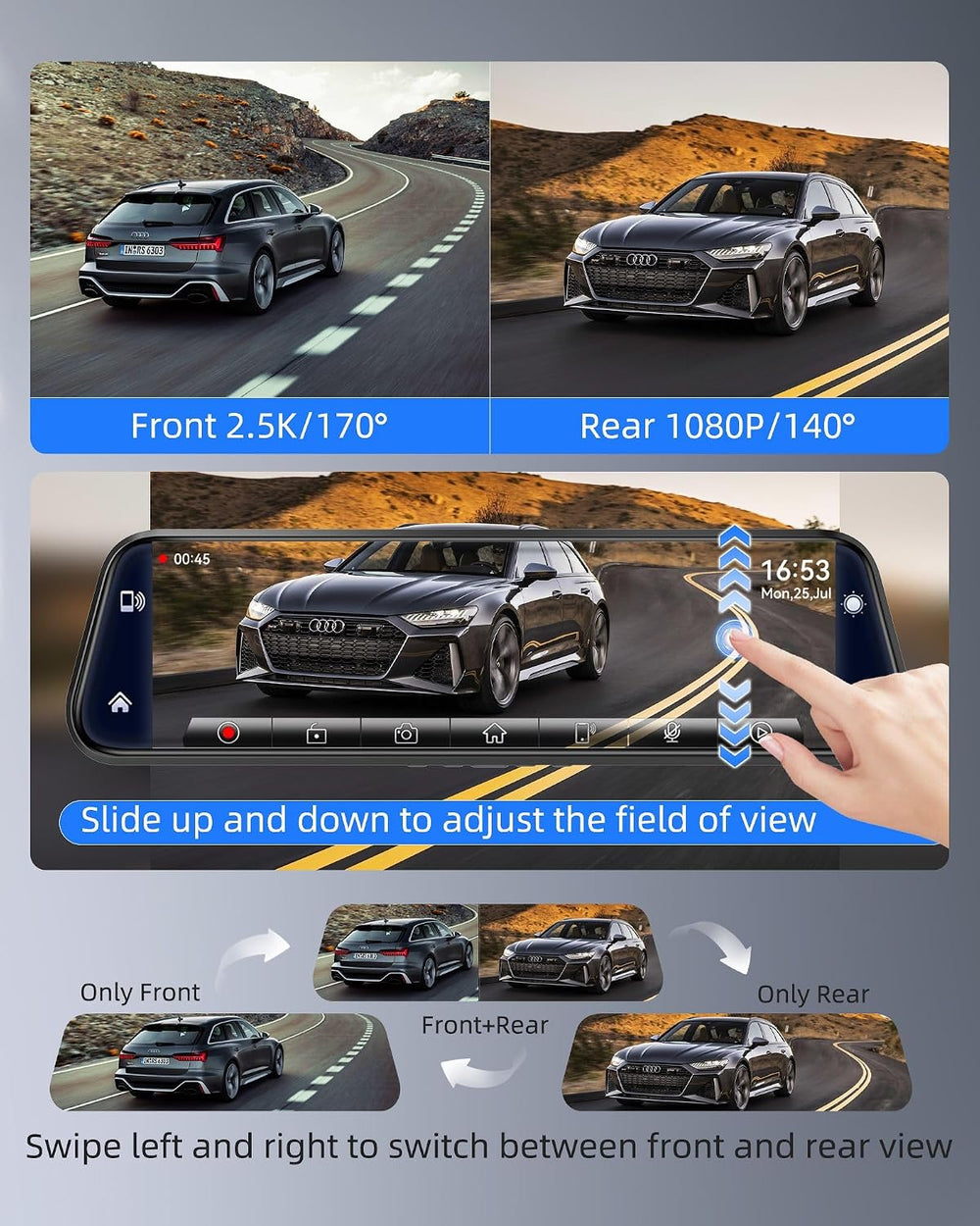 10" Mirror Dash Cam with Android Auto&Carplay 2.5K Rear View Mirror ...