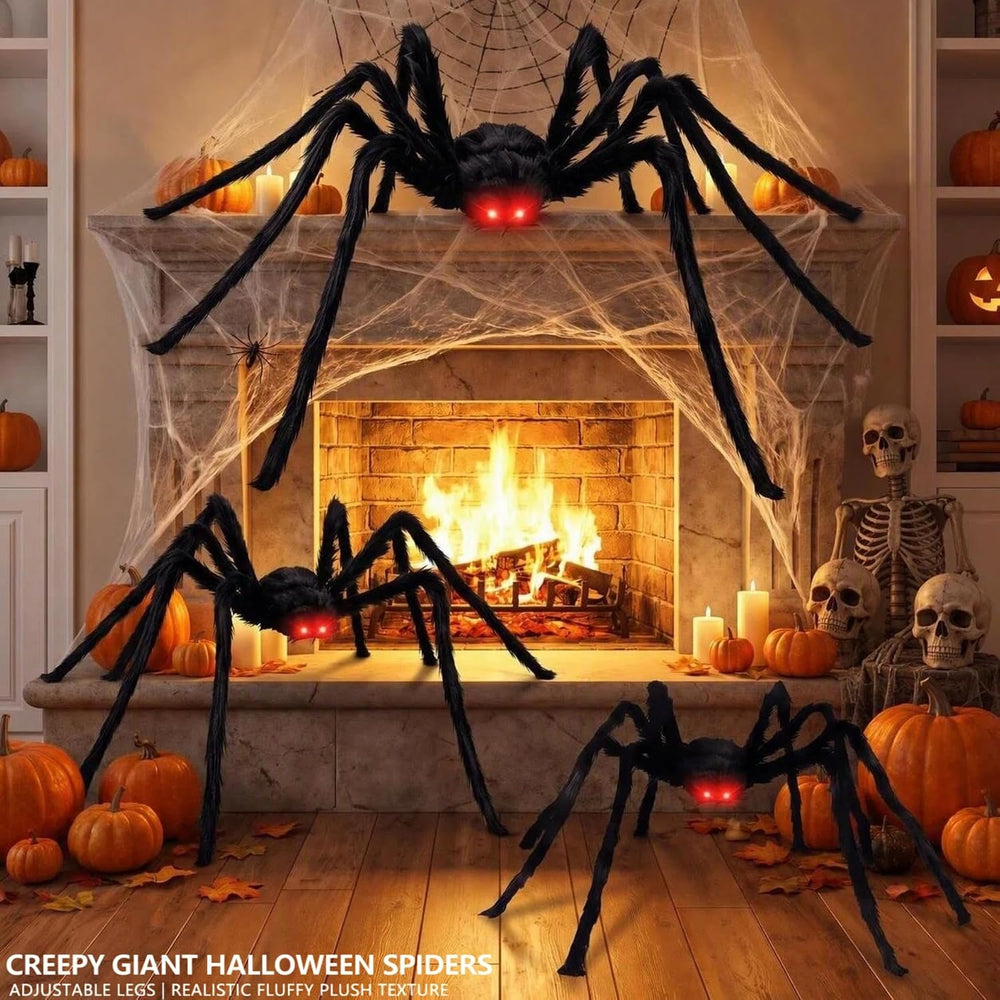 8Ft Giant Hairy Black Spider with Glowing Eyes, 3 Packs(8Ft+5Ft+3Ft) Hallowee...