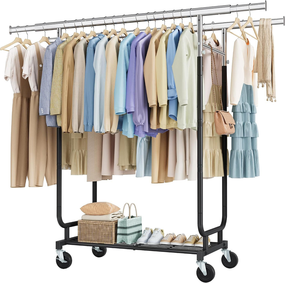 Heavy Duty Rolling Clothes Rack, 620 LBS Load Double Rod Adjustable Garment R...
