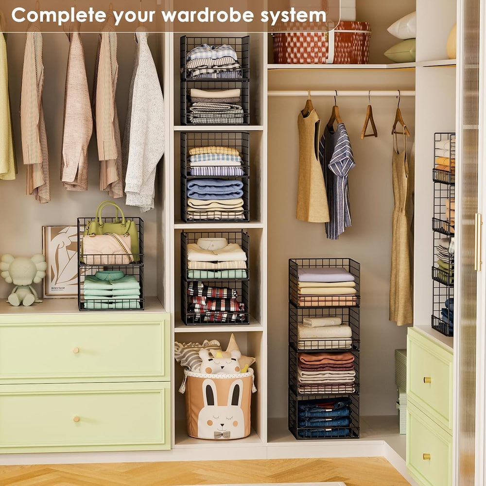 Stackable Closet Organizers and Storage Baskets, 4-Tier Closet Shelf Organize...