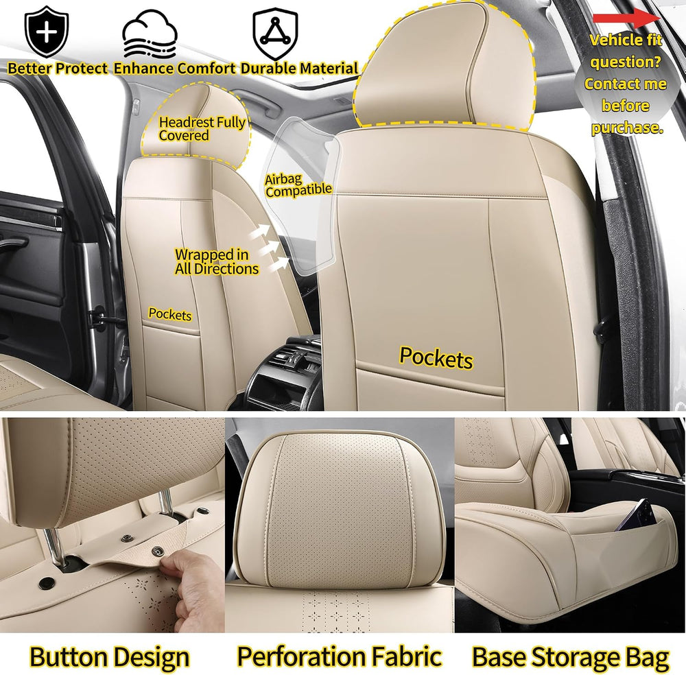 Car Seat Covers Full Set, Beige Leather Seat Covers Fit for Honda Accord 2000...