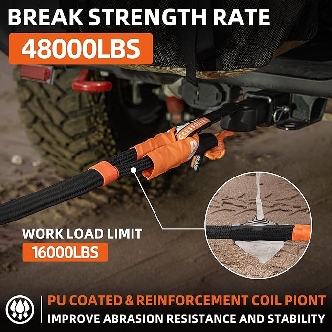 ALL-TOP Kinetic Recovery Rope, 1in x 30ft, Heavy Duty 30+% Elasticity, 16000Lbs