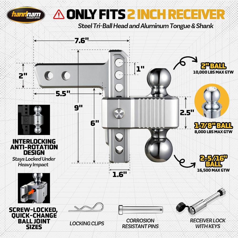 Aluminum Adjustable Trailer Hitch for 2" Receiver, 6 in Drop/Rise Tow Hitch