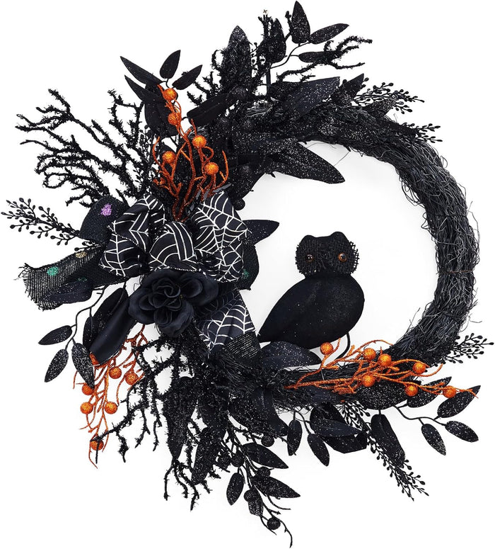 20 in Halloween Owl Wreath, Halloween Garland with Natural Vines and Black Artificial Roses for Door Porch Wall, Outdoor or Indoor Party Home Decor