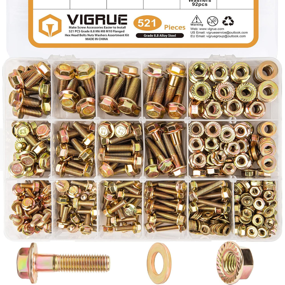 VIGRUE 521PCS M6 M8 M10 Flange Bolts Assortment Kit Metric Class 8.8 Serrated...