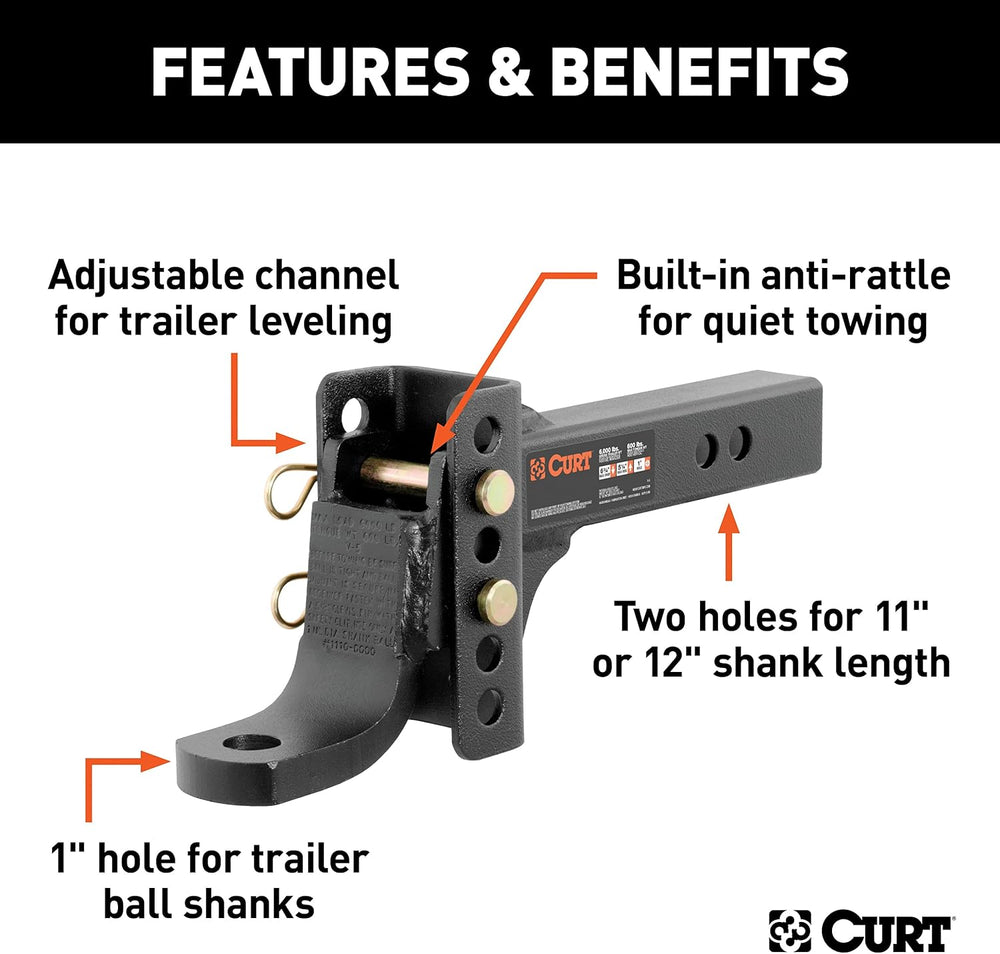 CURT 45901 Adjustable Trailer Hitch Ball Mount, Fits 2-Inch Receiver, 6-3/4-I...