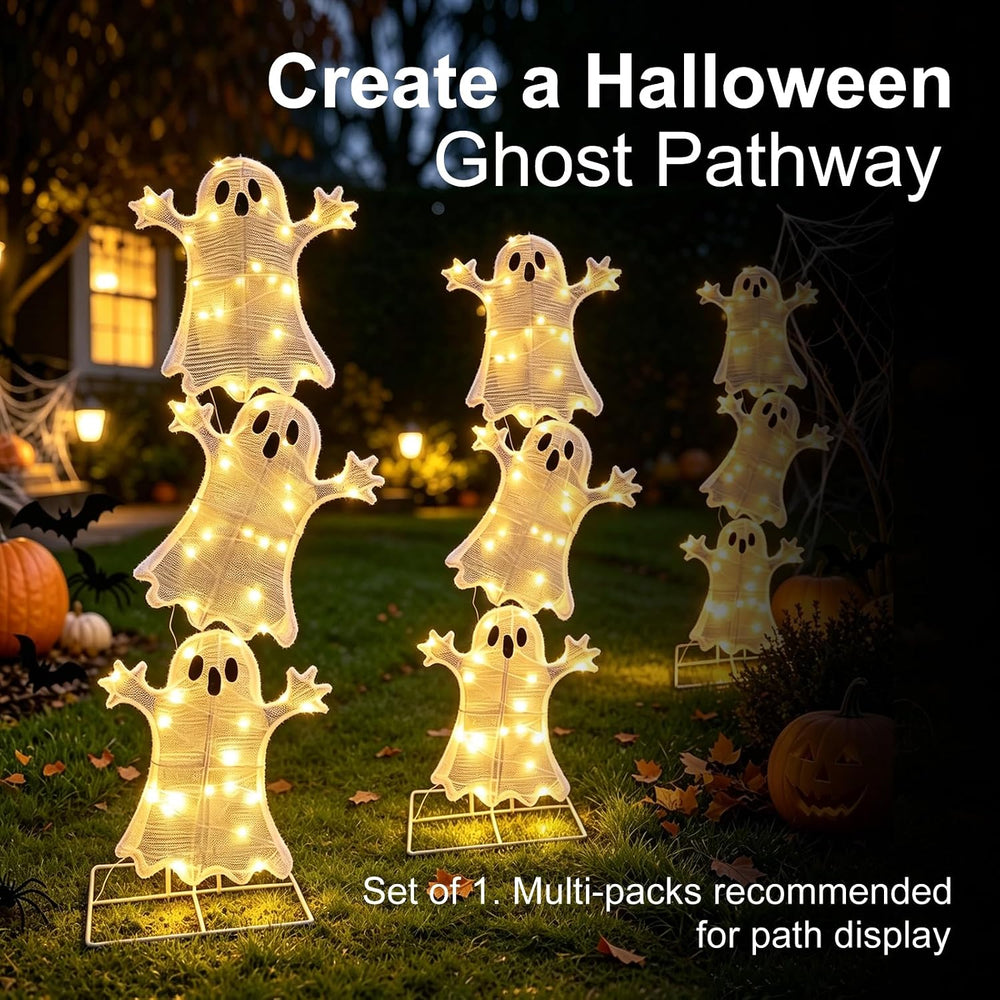 Halloween Decorations Lighted 3 Stacked Ghosts, Freestanding LED Ghost Yard S...