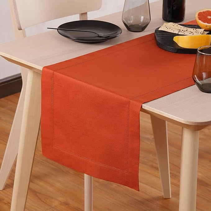 Pumpkin Table Runner 120 Inch–Cotton Linen Hemstitch Farmhouse Table Runner 1...