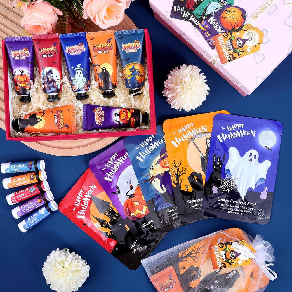 50 Pack Halloween Hand Cream, Facial Mask and Lip Balm Set, Halloween Gifts