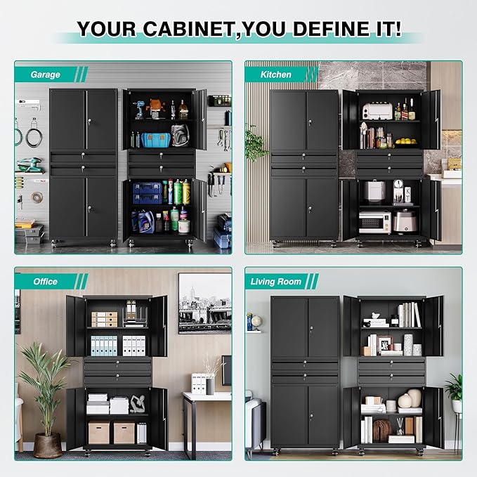 Metal Storage Cabinet with Wheels and Drawers, Rolling Garage Storage Cabinet
