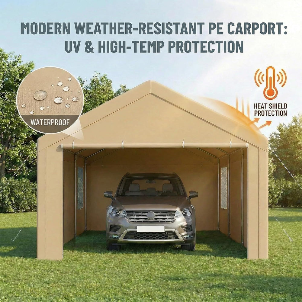 10x20 FT Heavy Duty Carport with Galvanized Frame & Sandbags, Khaki