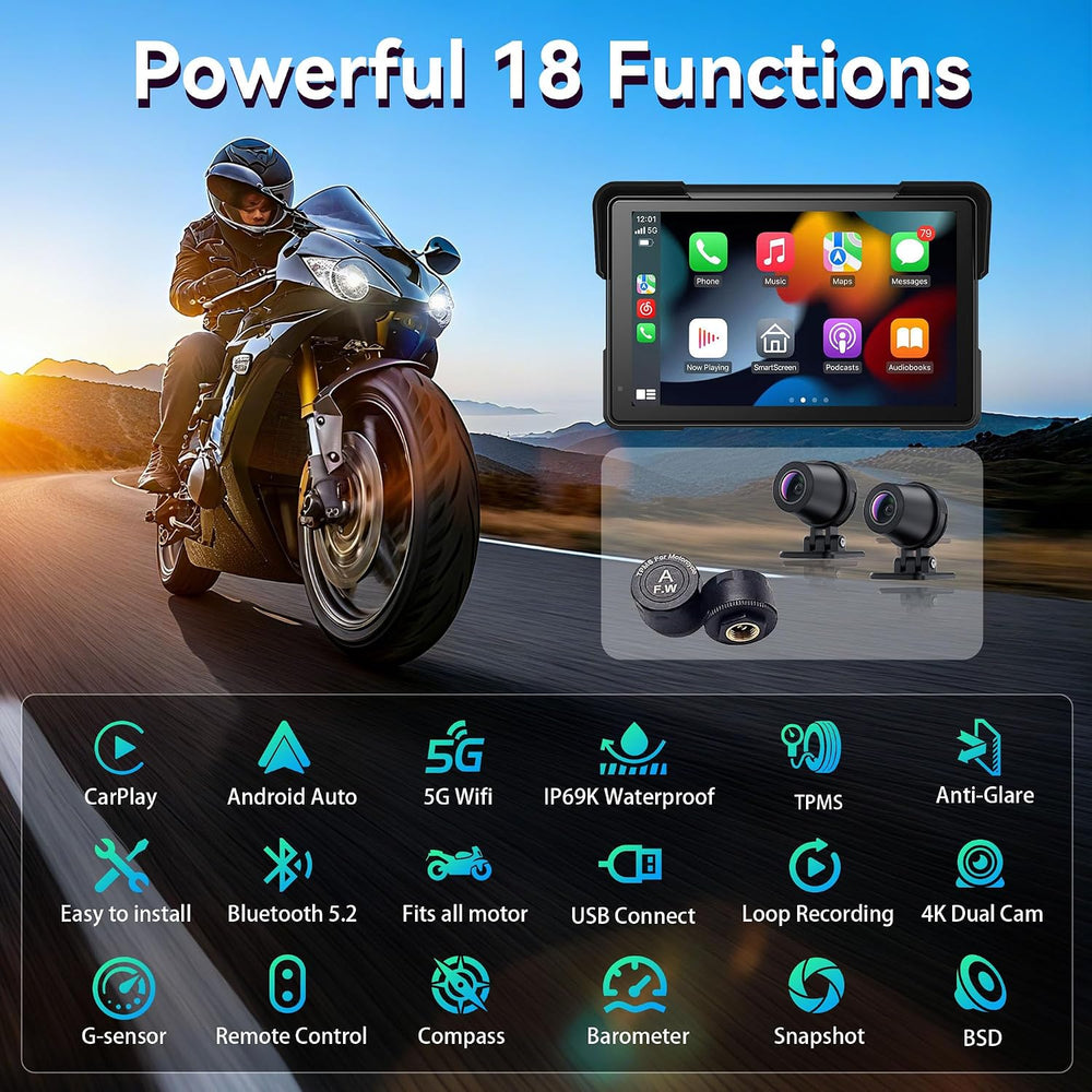 Wireless Motorcycle Apple Carplay & Android Auto,7 Inch Touchscreen with ...