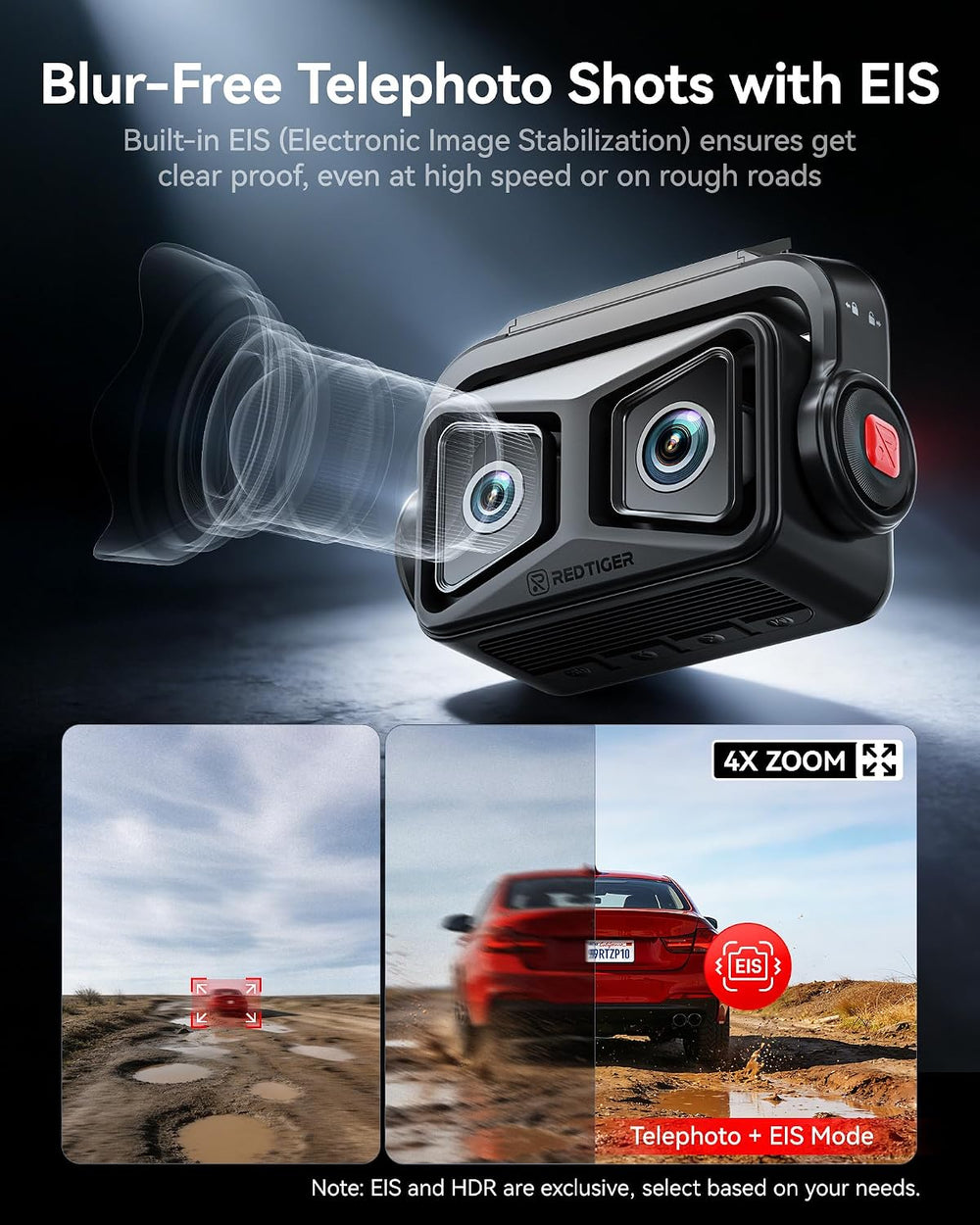 REDTIGER ZP1 Telephoto+Wide Dash Cam, 4X Zoom, STARVIS 2, EIS Night Vision