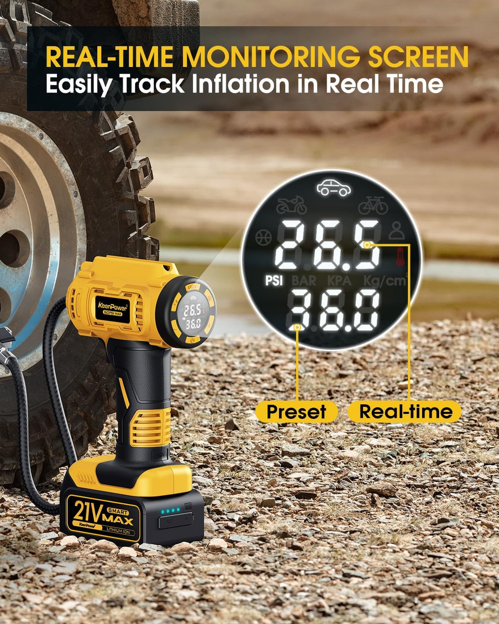 Cordless Tire Inflator Portable Air Compressor, 160PSI Car Tire Air Pump, 21V...