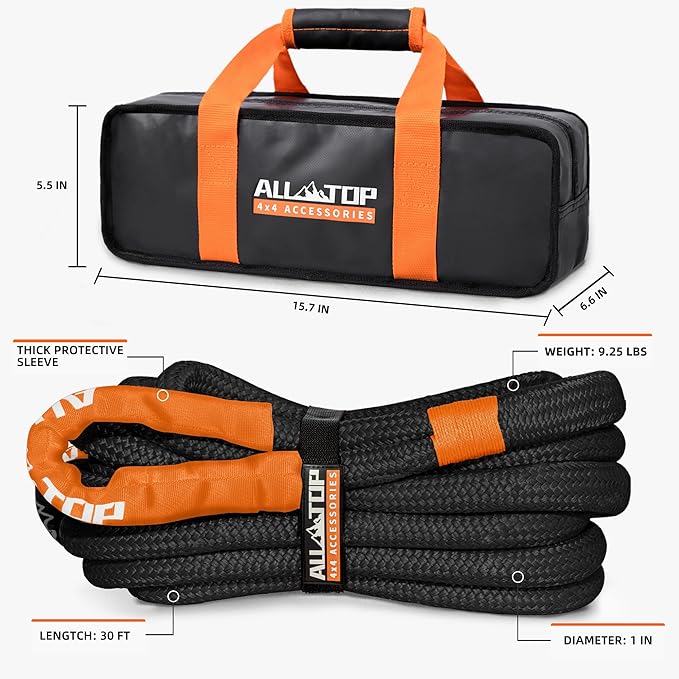 ALL-TOP Kinetic Recovery Rope Kit w/ 2 Soft Shackles, 1in x 20ft, Heavy Duty