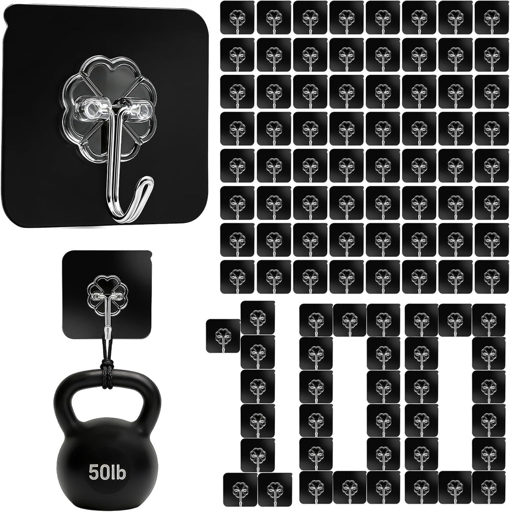 DDMY 100 Pack Adhesive Wall Hooks 50LB Heavy Duty Black Sticky Hook