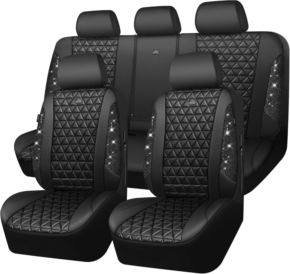 CAR PASS Bling Diamond Black Leather Car Seat Covers Full Sets Interior Sets,...
