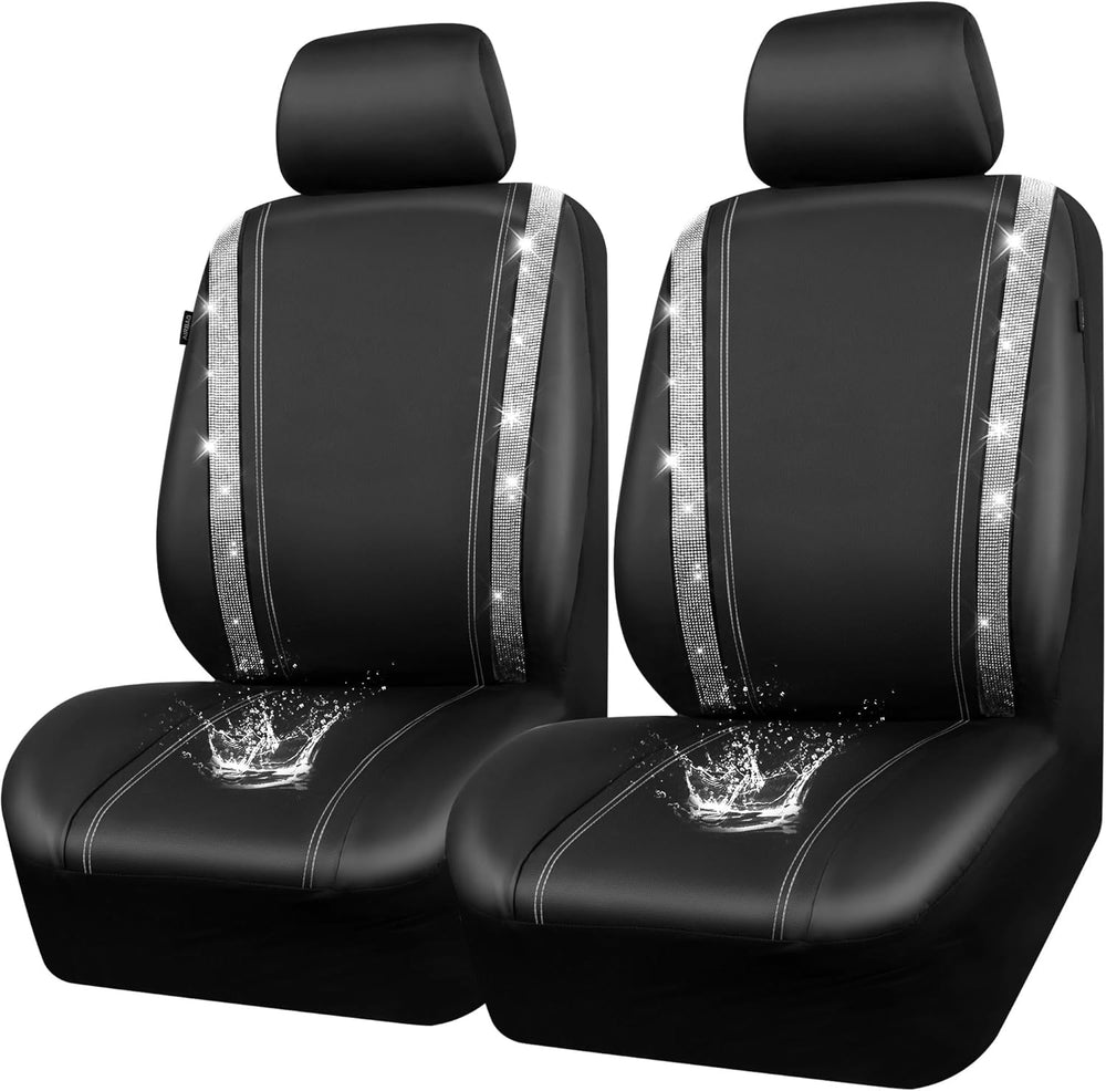 CAR PASS Leather Bling Diamond Car Seat Cover 2 Front Interior Sets, Waterpro...