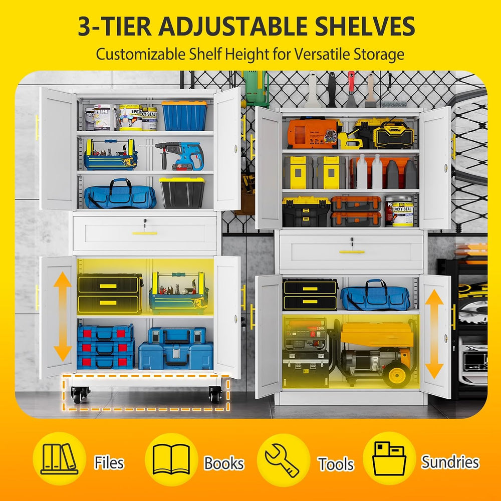74" White Lockable Rolling Metal Garage Storage Cabinet