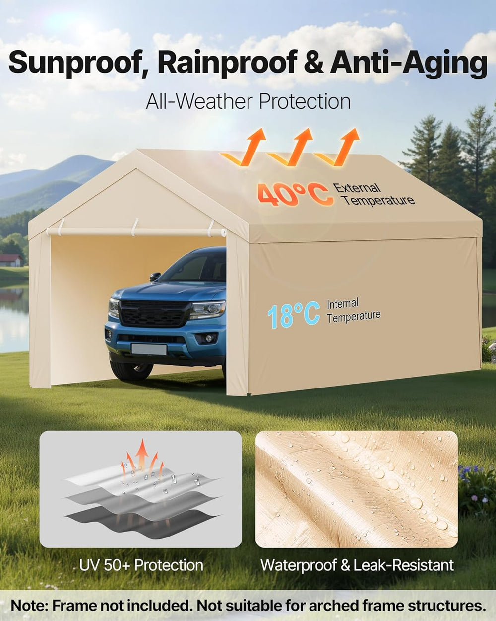 VEVOR Carport Replacement Canopy Cover, 10 x 20 ft Potable Garage Tent Top Ta...