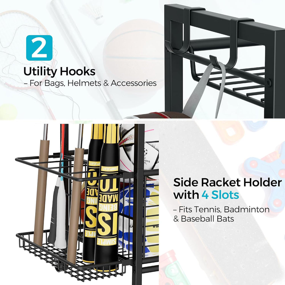 Sports Equipment Storage Rack with Wheels, 3-Tier Ball Organizer