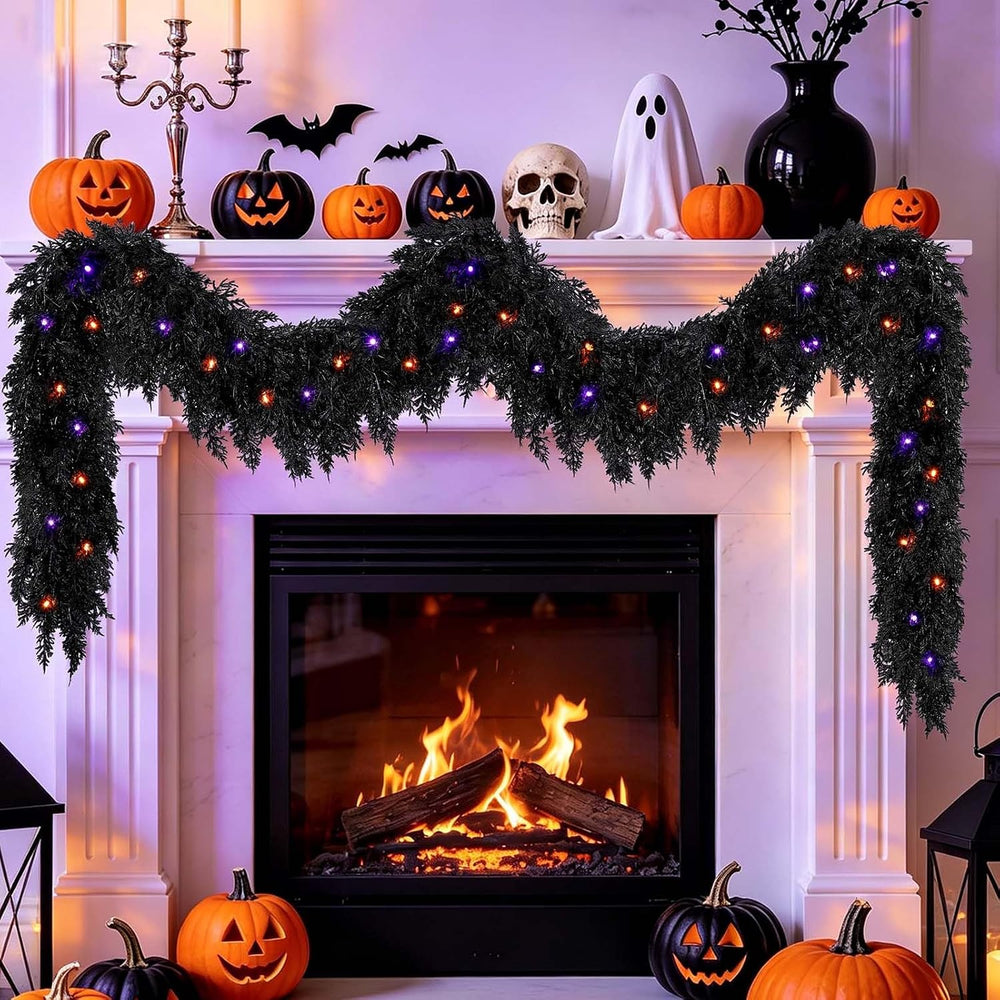 9ft Black Cedar Halloween Garland for Mantle, Soft Touch with Timer Lights
