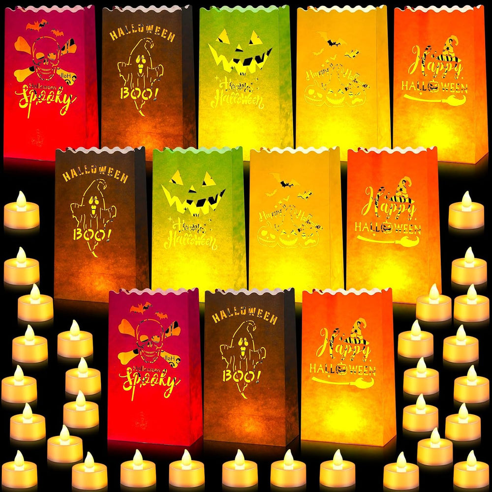 Roowest 72 Pcs Halloween Luminaries Bags with LED Lights, Flame Resistant