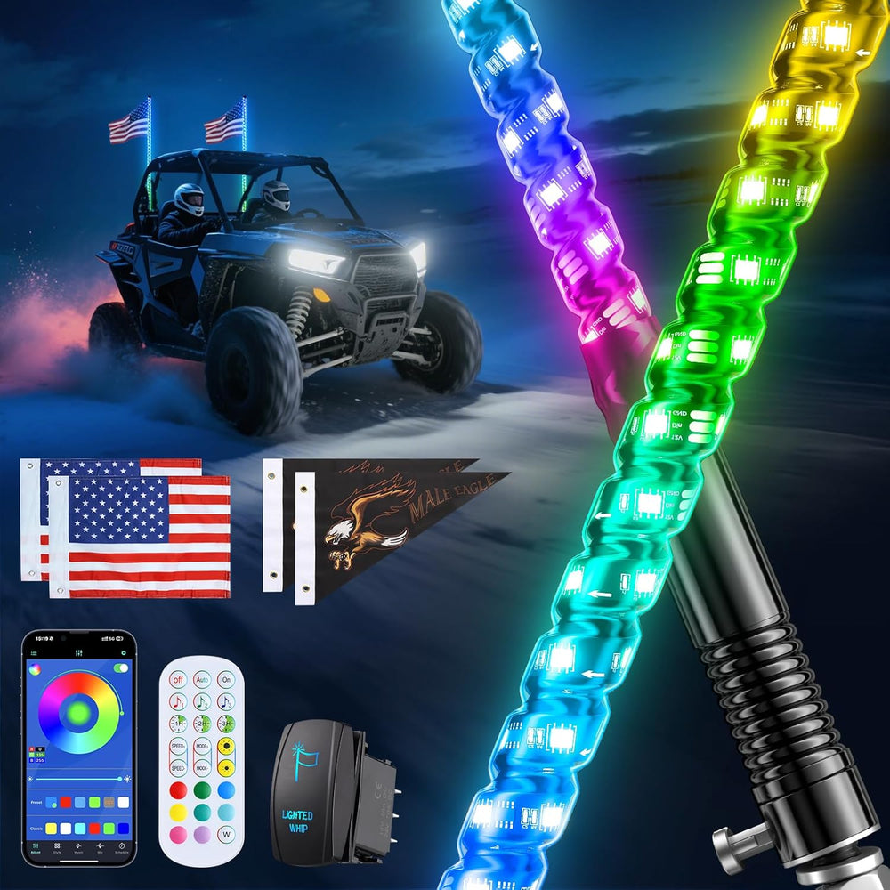 Ehaho 2 PCS 3FT Whip Lights with Spring Base, APP & Remote Control Led Wh...