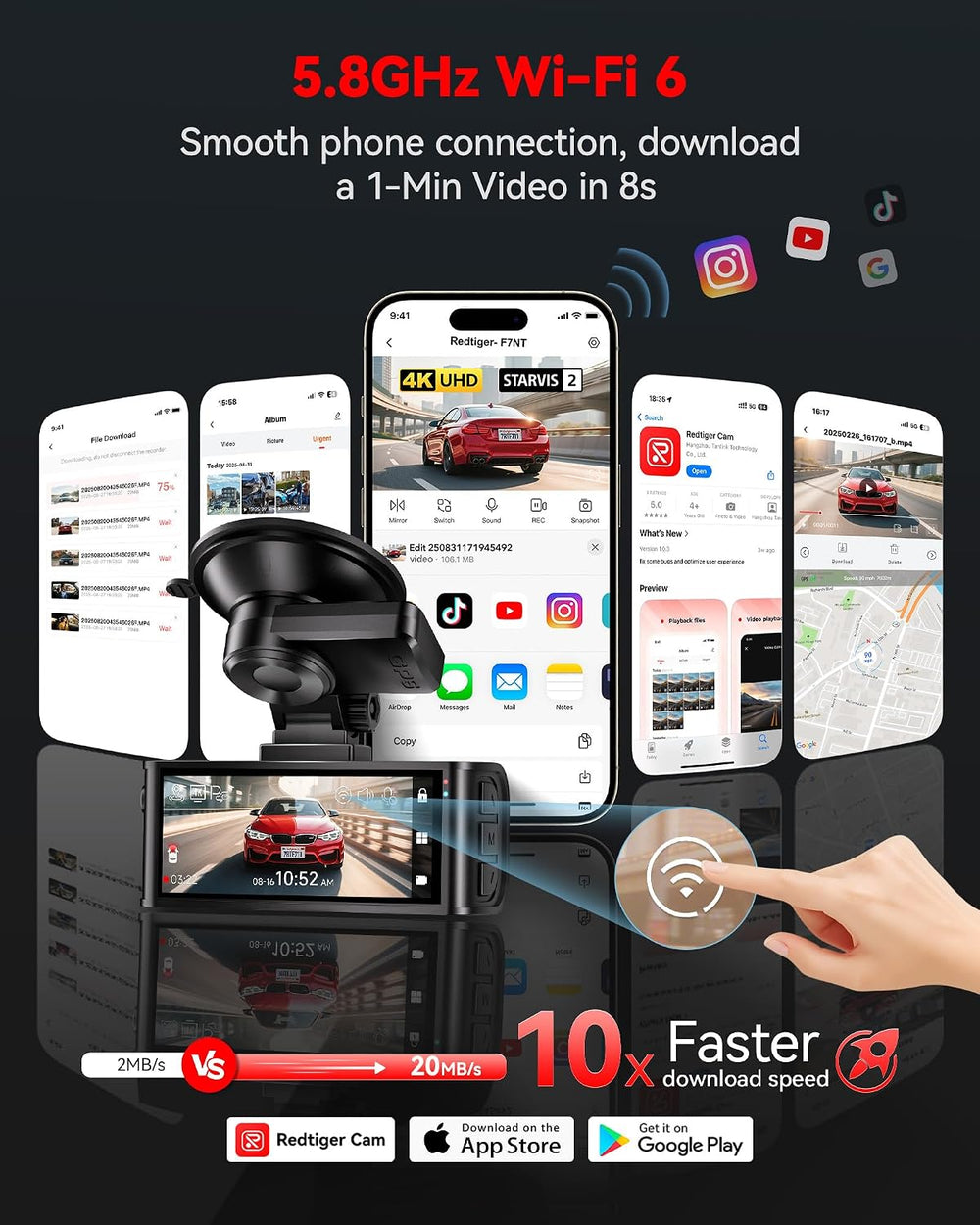 REDTIGER 4K STARVIS 2 Dashcam Front Rear, 5GHz WiFi 20MB/s, Voice Control