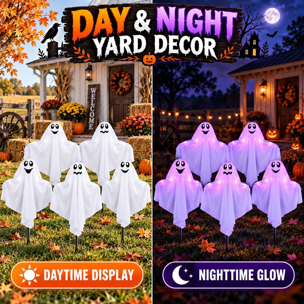 5 Pack Halloween Decorations Outdoor Lighted Ghost Stakes, Spooky Glowing Pur...