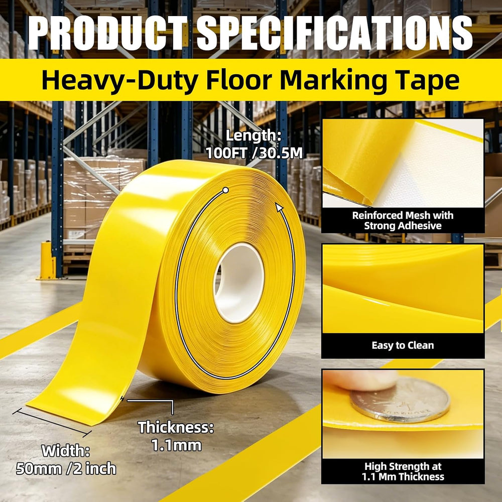 Yellow Floor Marking Tape, 1.1mm Extra Thick Adhesive Industrial Safety Tape,...