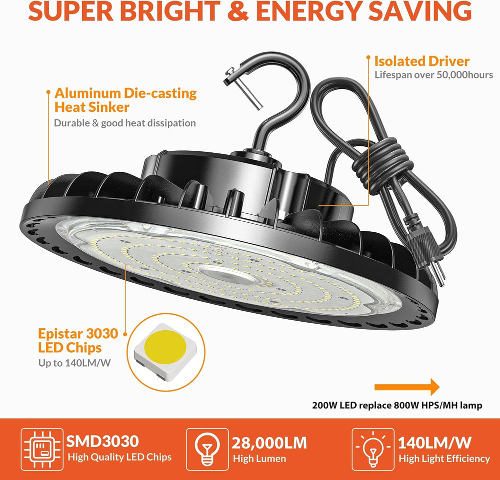 200W LED High Bay Light, 28000LM 110-277V 5000K Shop Garage Light with US Plu...