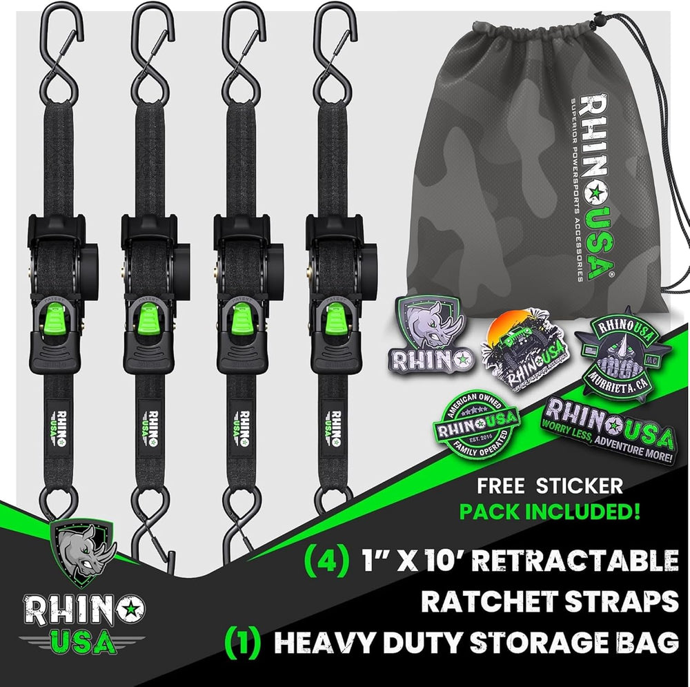 Rhino USA Retractable Ratchet Straps (4-Pack) - 1in x 10ft, Black