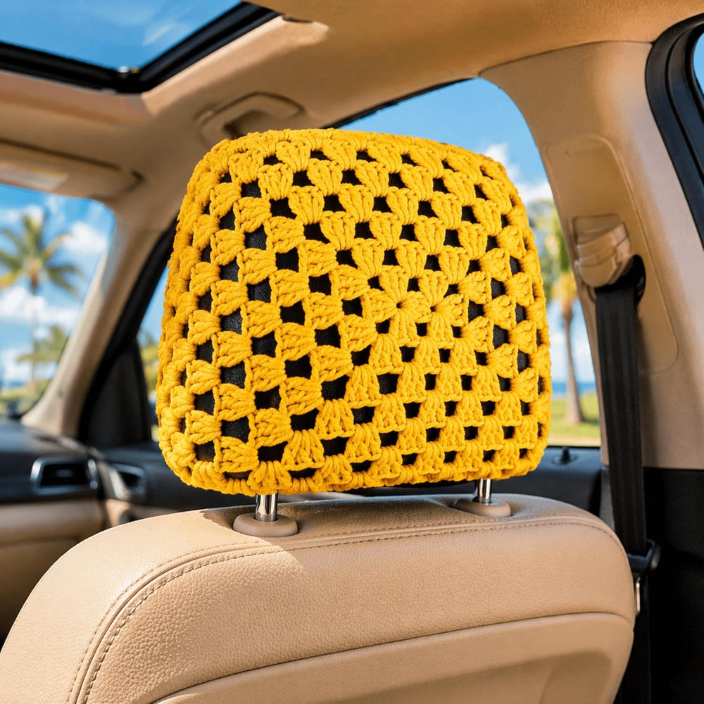 Crochet Seat Headrest Cover, Car Head Rest Protector, Cute Sunflower Car Acce...