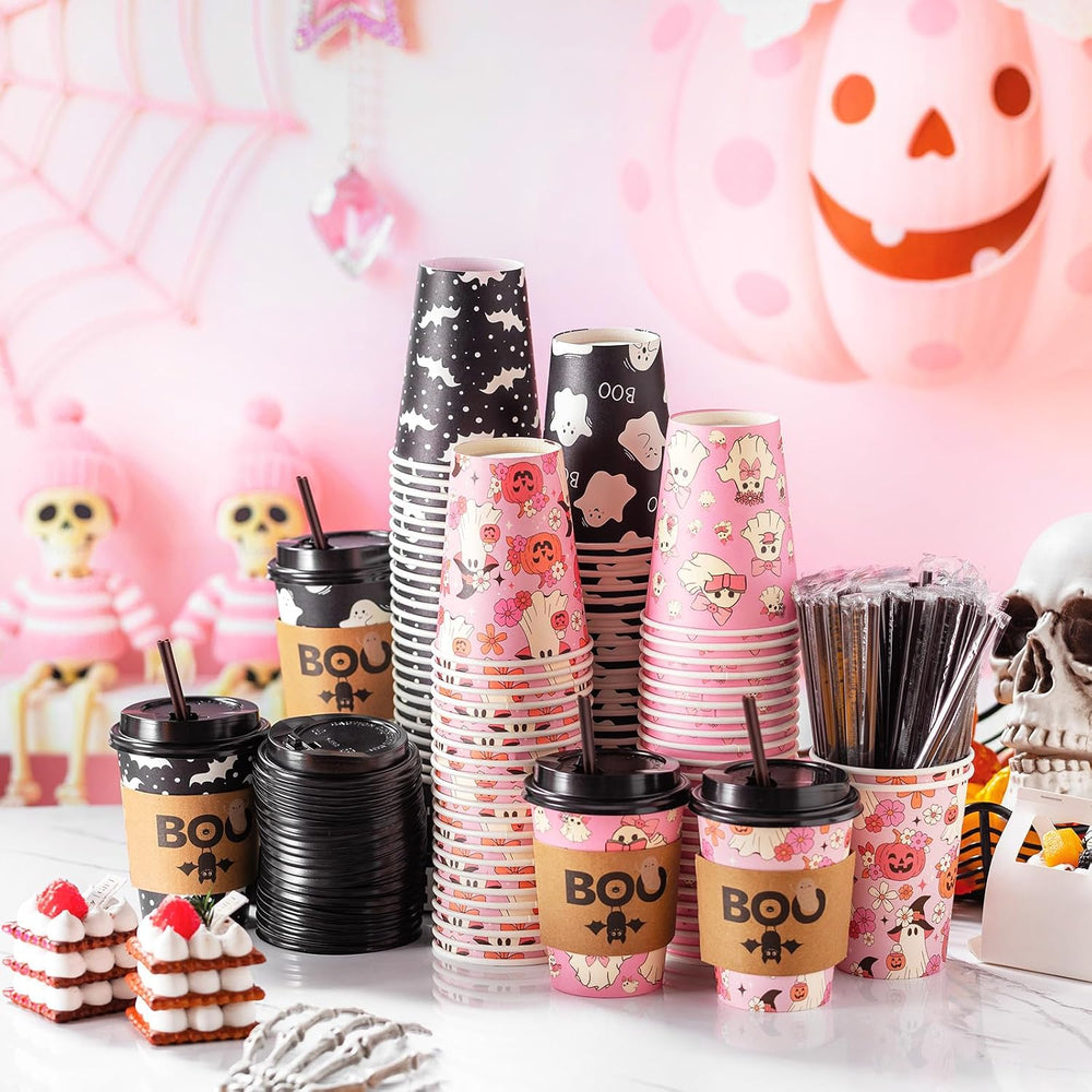 Lallisa 100 Sets 12 oz Halloween Disposable Coffee Cups with Lids and Sleeves...